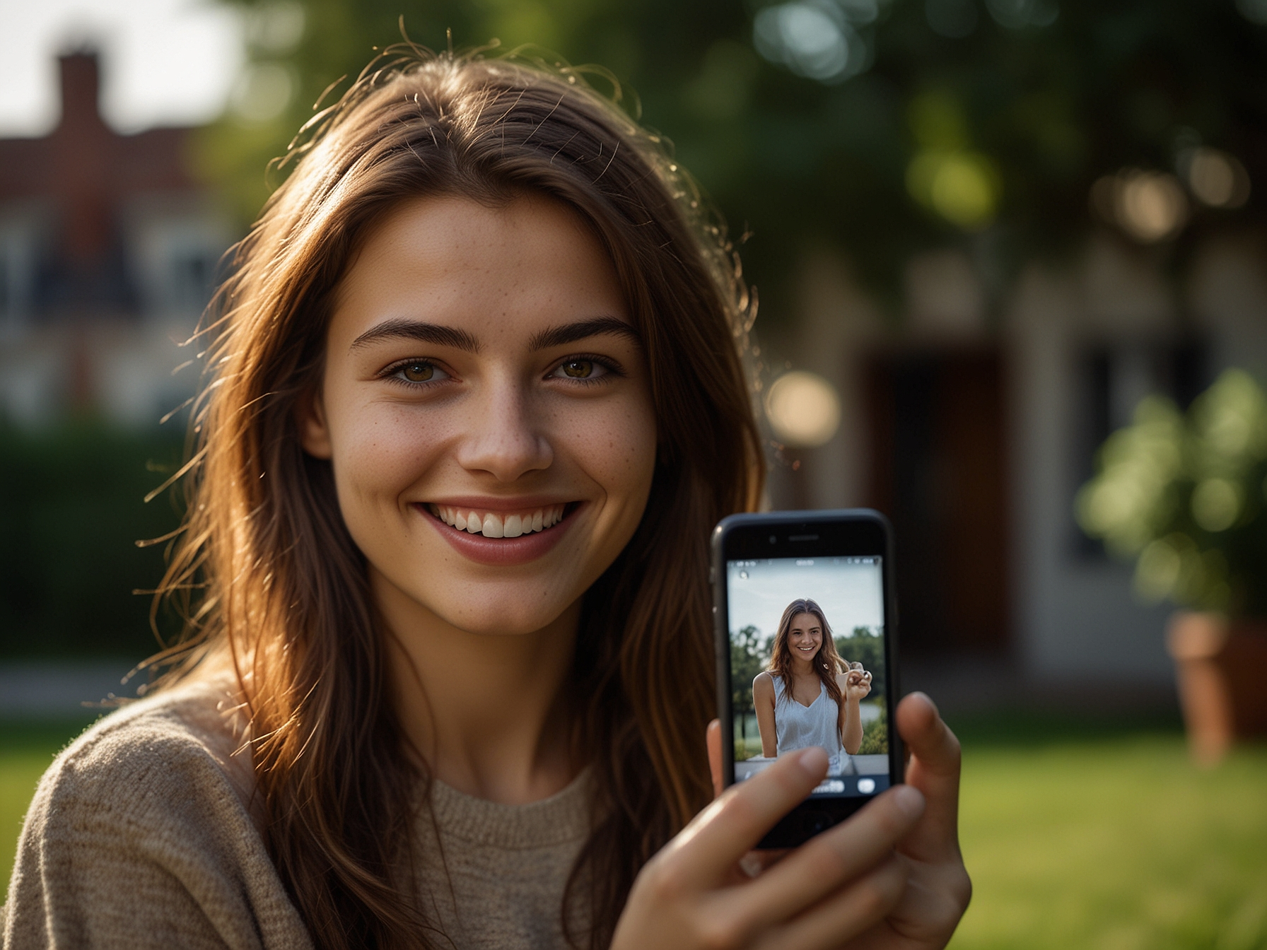 Happy player holding a smartphone showing bonus