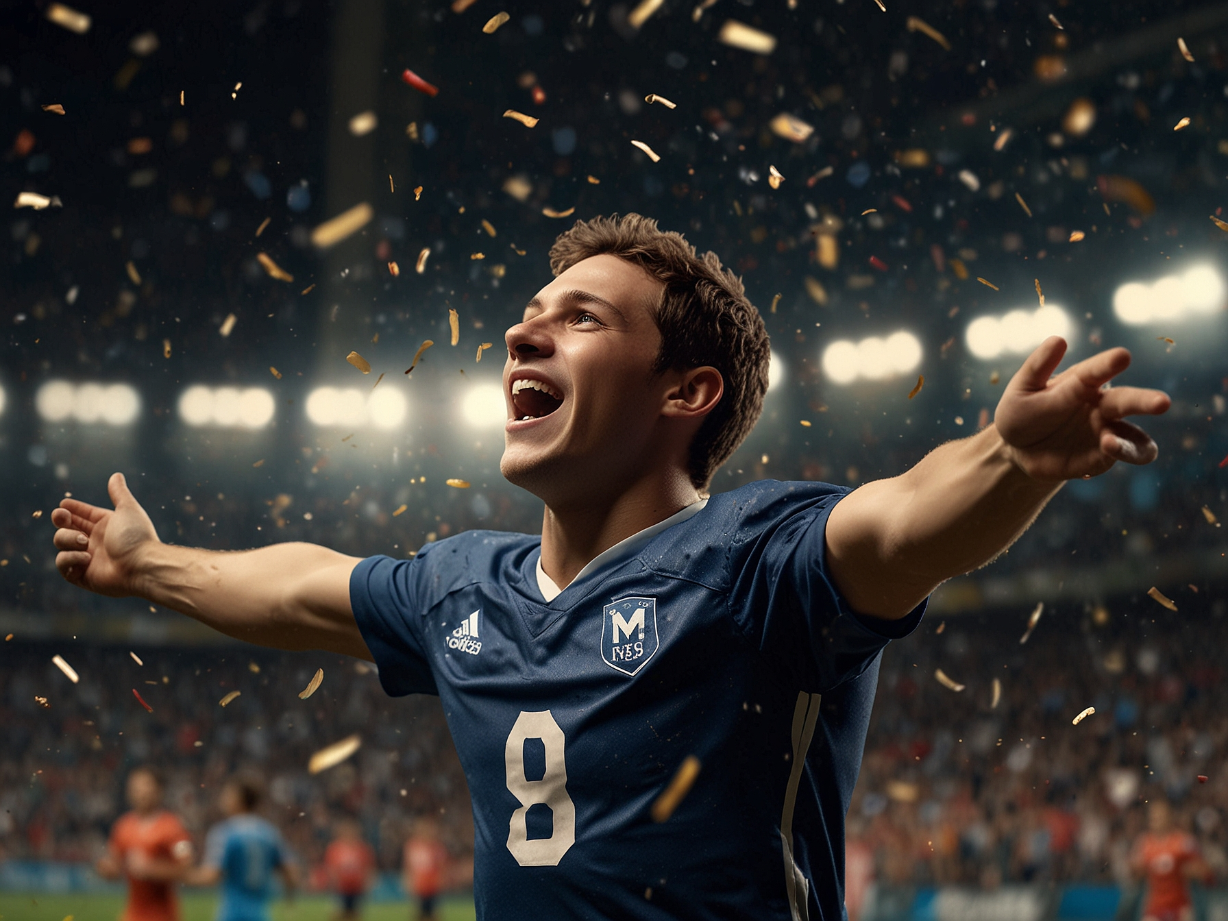 Young athlete celebrating a win with stadium lights
